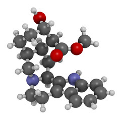 Rauwolscine alkaloid molecule, 3D rendering.
