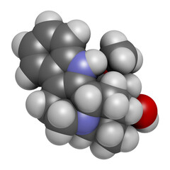 Rauwolscine alkaloid molecule, 3D rendering.