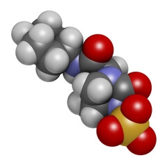 Relebactam drug molecule. Beta-lactamase inhibitor that is adminstered with beta-lactam antibiotics, 3D rendering.