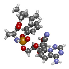 Remdesivir antiviral drug molecule.  3D rendering. Atoms are represented as spheres with conventional color coding: hydrogen (white), carbon (grey), nitrogen (blue), oxygen (red), phosphorus (orange).