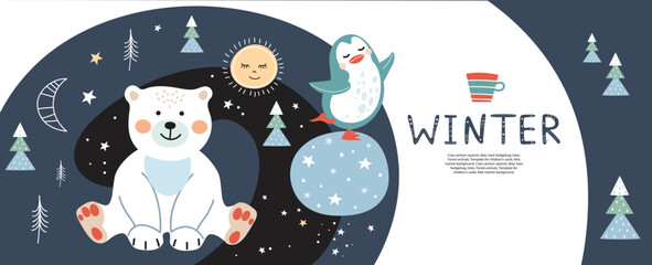 Funny cartoon polar bears, penguins, fir trees and snowflakes. Winter blue background.