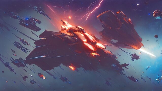 Space battle, spaceships are fighting, shooting from laser guns, explosions and sparks. Destroyed the spaceship. 3d illustration