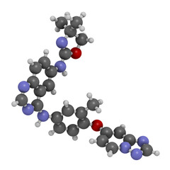 Tucatinib cancer drug molecule, 3D rendering.