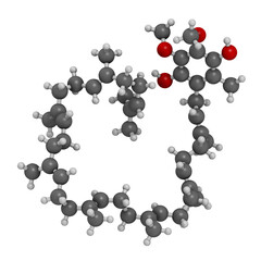 Ubiquinol molecule. Reduced form of coenzyme Q10, 3D rendering.
