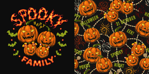 Set of halloween pattern, label with fire text, happy funny pumpkin family, grunge spider sihouette, but, bones, text Spooky family. Pumpkins stylized as human characters. © OA_Creation