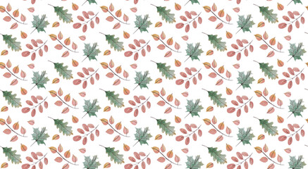 Seamless pattern of autumn leaves in red and green color