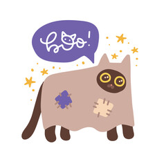 Cute Halloween cat in ghost costume dage of sheet. Funny spooky kitten saying Boo. Friendly spook of Helloween holiday. Magic sweet phantom with happy emotion. Isolated flat vector illustration