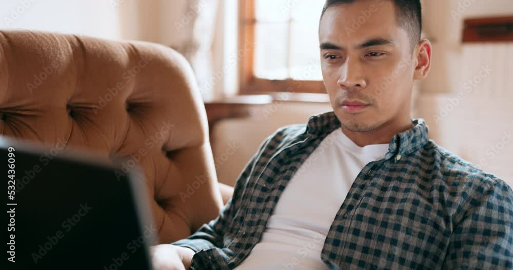 Poster Asian man, laptop or thinking on house living room sofa of web design, cyber security code or digital programming idea. Technology programmer with innovation vision for computer software for database