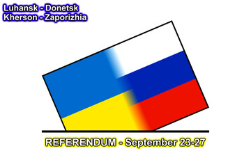 Referendum on becoming part of RUSSIA of Luhansk, Donetsk, Kherson and Zaporizhia (Zaporizhzhia) of September 23-27, 2022 – Concept with Ukraine and Russia Flags