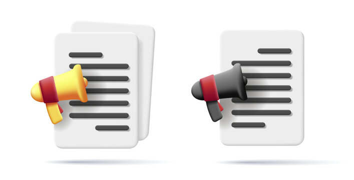 3d icon of file text document with loudspeaker