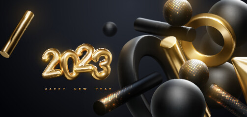 Golden 2023 numbers, party popper cone and glittering confetti isolated on black.