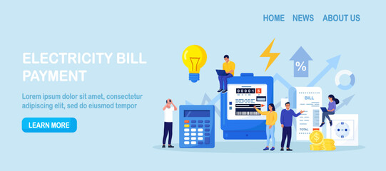 People paying utilities. Invoice and electricity meter. Man worried, stressed over bill. Utility bills payment. Electricity consumption expenses. Technician repair, meter installation, energy saving