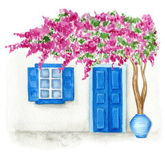 Traditional greek house with flowers watercolor illustration isolated in white background, Greece islands blue white traditional architecture, Santorini blue door window.