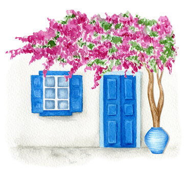 Traditional Greek House With Flowers Watercolor Illustration Isolated In White Background, Greece Islands Blue White Traditional Architecture, Santorini Blue Door Window.