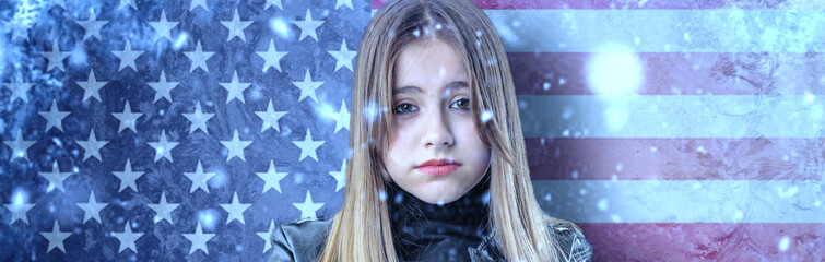 Banner of teenage girl on frozen background with flag of United States of America. Concept of...