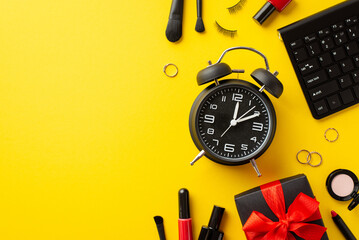 Cyber monday concept. Top view photo of keyboard alarm clock giftbox with bow cosmetics nail polish false lashes eyeshadow lip gloss brushes and gold rings on isolated yellow background