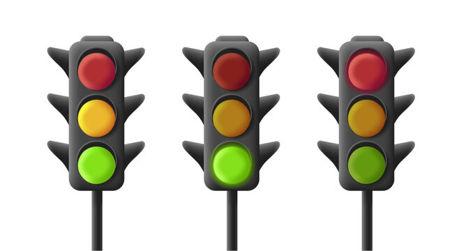 Traffic lights with all three colors on one by one, 3d illustrations
