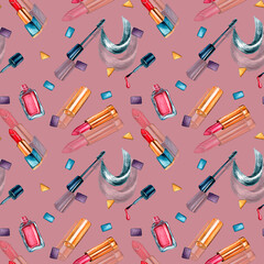 Beauty products watercolor seamless pattern on pink background.