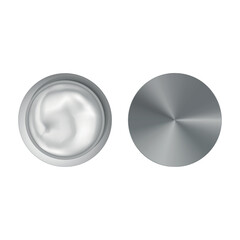 cream round jar vector. an open jar of cream and a metal gray round lid nearby.