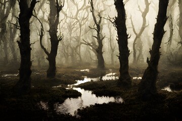 Naklejka premium A foggy swamp. Dark and mysterious. 