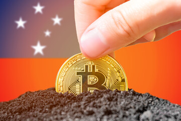 Bitcoin legalization in Samoa. Planting bitcoin in the ground against the background of the flag of...