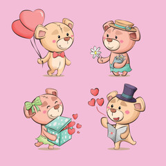 Valentine teddy bear love cute couple characters hand drawn cartoon illustration collection