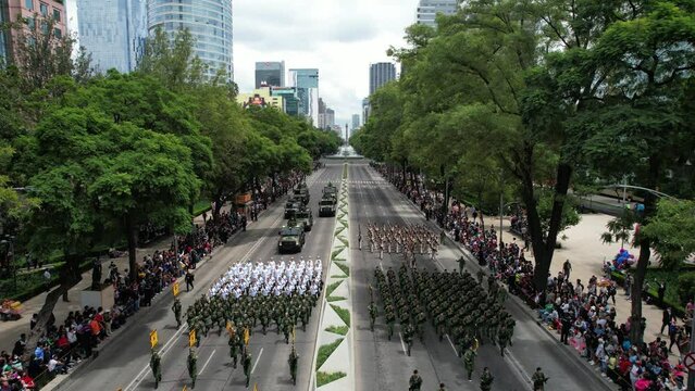 drone shot of the army nurses corps in the independence day parade in mexico city