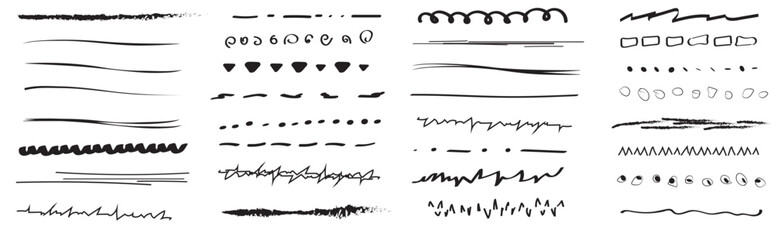 A set of wavy horizontal artistic brushes.Doodles, ink brushes. Set of vector grunge brushes. Collection of marker strokes.