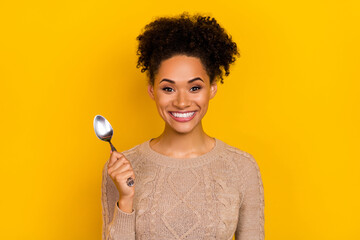 Photo of funny millennial brunette lady hold spoon wear sweater isolated on yellow color background