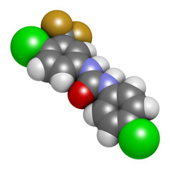 Cloflucarban disinfectant molecule. 3D rendering. Atoms are represented as spheres with conventional color coding