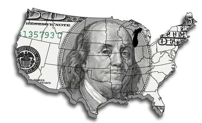 US map with US presidents portraits from US dollars. Macro view of USA paper money. Close-up USA...