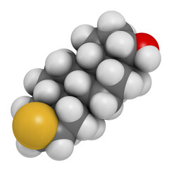 Epitiostanol (epithioandrostanol) cancer drug molecule. 3D rendering. Atoms are represented as spheres with conventional color coding: hydrogen (white), carbon (grey), oxygen (red), sulfur (yellow).