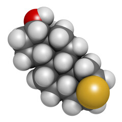 Epitiostanol (epithioandrostanol) cancer drug molecule. 3D rendering. Atoms are represented as spheres with conventional color coding: hydrogen (white), carbon (grey), oxygen (red), sulfur (yellow).