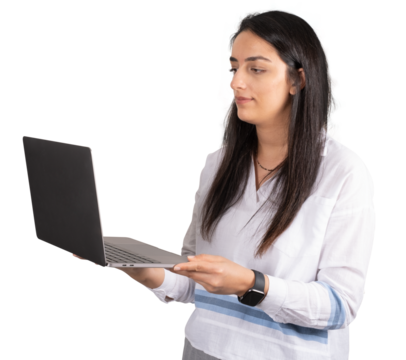 Woman holding modern laptop, portrait of young woman holding modern laptop. Studio photo of female looking screen on isolated transparent background. Technology concept idea photo with copy space.