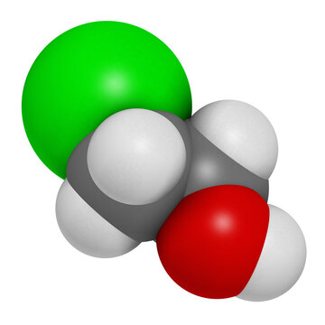 Ethylene chlorohydrin molecule. Side product formed during ethylene oxide sterilization. 3D rendering. 