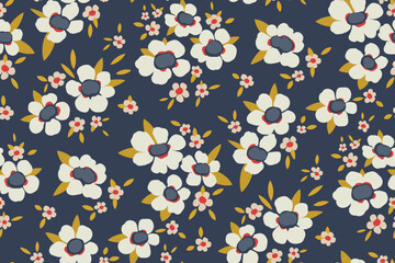 Seamless floral pattern, romantic ditsy print with vintage motifs. Liberty botanical arrangement of pretty hand drawn flowers, leaves in bouquets on a blue background. Vector illustration.