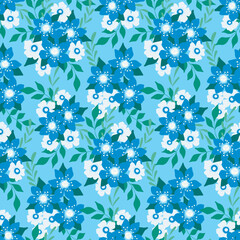 Seamless floral pattern, pretty ditsy print in blue colors. Simple botanical design with small flowers, leaves, decorative blooming meadow on a blue background. Vector illustration.