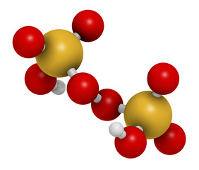 Peroxydisulfuric acid oxidizing agent molecule. 3D rendering. Atoms are represented as spheres with conventional color coding: hydrogen (white), carbon (grey), oxygen (red), sulfur (yellow).