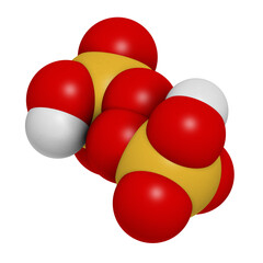 Peroxydisulfuric acid oxidizing agent molecule. 3D rendering. Atoms are represented as spheres with conventional color coding: hydrogen (white), carbon (grey), oxygen (red), sulfur (yellow).