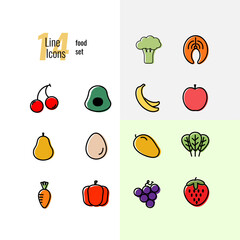 set of fruits and vegetables. line icons 