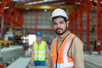 Portrait of man engineer in vest and white helmet safety standing front machine in production line...