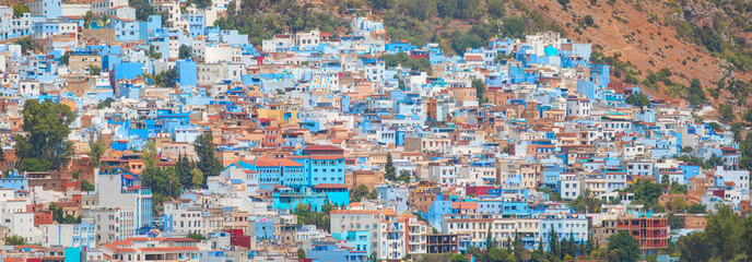 Panoramic view of the blue city of Chefchaouen in Morocco