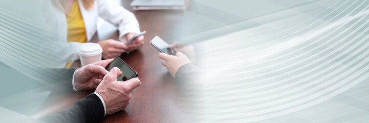 Group of people using and looking at mobile phone; panoramic banner