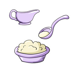 A set of colored icons, a purple ceramic plate with cottage cheese, a spoon with sour cream, vector cartoon