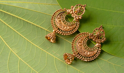 Beautiful Antique Golden pair of earrings, Luxury female jewelry, Indian traditional jewelry,...