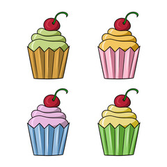 A set of colored icons, colorful delicious cupcakes with delicate fruit cream and cherries, vector cartoon