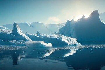 A sunny day in cold Antarctica. Antarctic icebergs. Reflection of icebergs in clear deep transparent water. 3D rendering