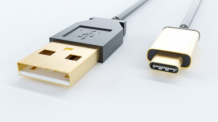 3D render of gold usb cable isolated on white background, USB type C