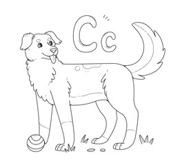 Dog coloring book with russian large and small letters C. Children's coloring page alphabet. Linear illustration with an animal.