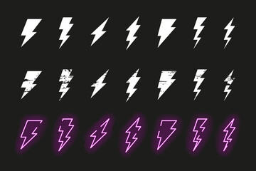 Fototapeta Lightning bolt vector icon set. Thunderbolt flat, grunge and neon style collection. obraz